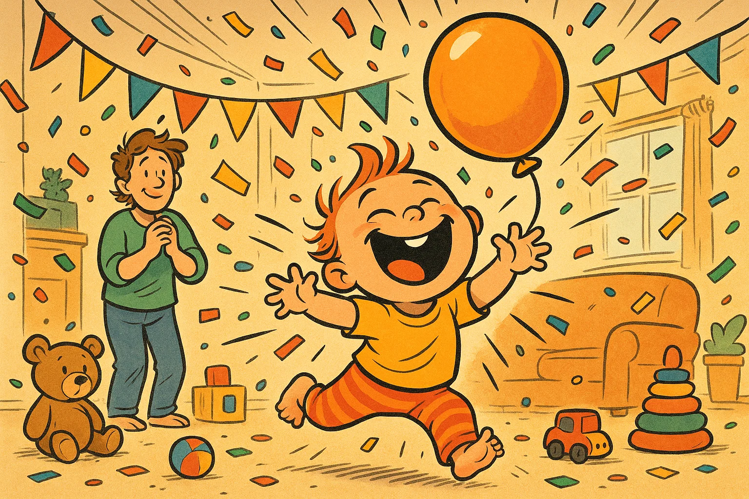 A playful cartoon of a happy toddler at a birthday party at home with balloons and confetti. A playful cartoon of a happy toddler at a birthday party at home with balloons and confetti.