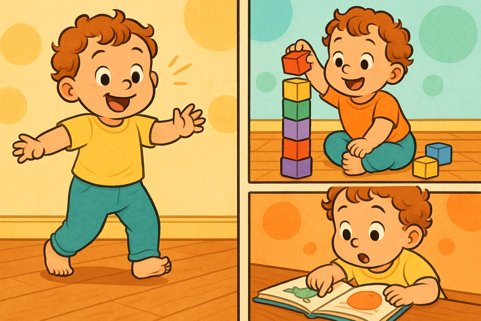 A cartoon showing a toddler's milestones, including walking, stacking blocks, and reading a book. A cartoon showing a toddler's milestones, including walking, stacking blocks, and reading a book.