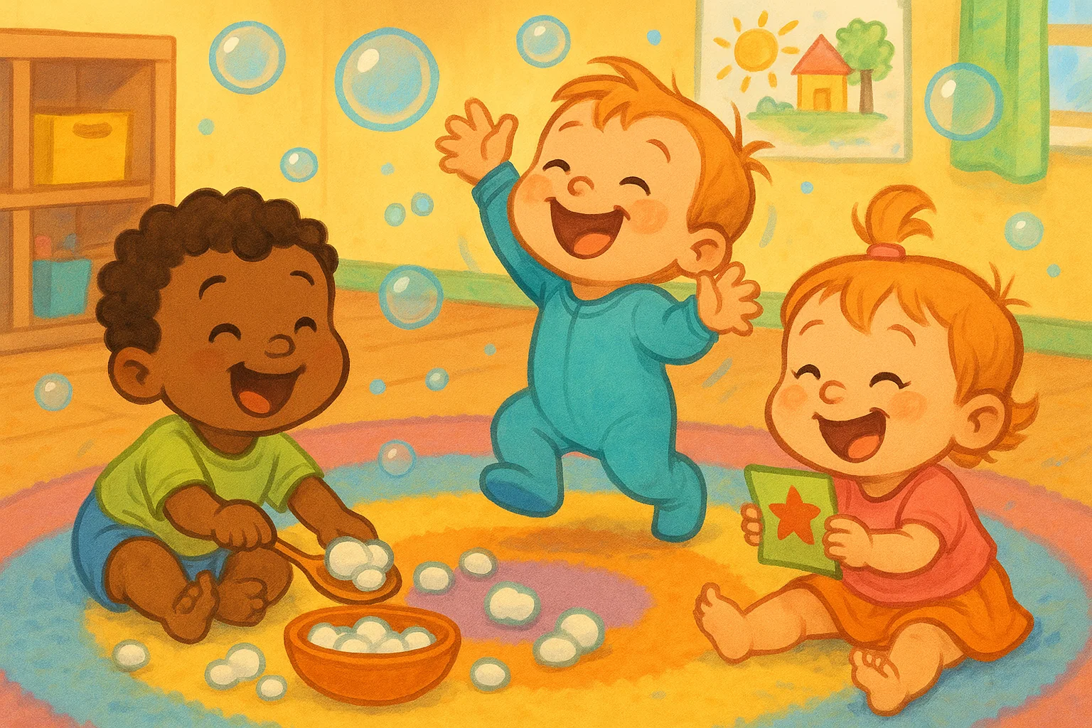 A cartoon drawing of toddlers playing simple party games like chasing bubbles and a treasure hunt.