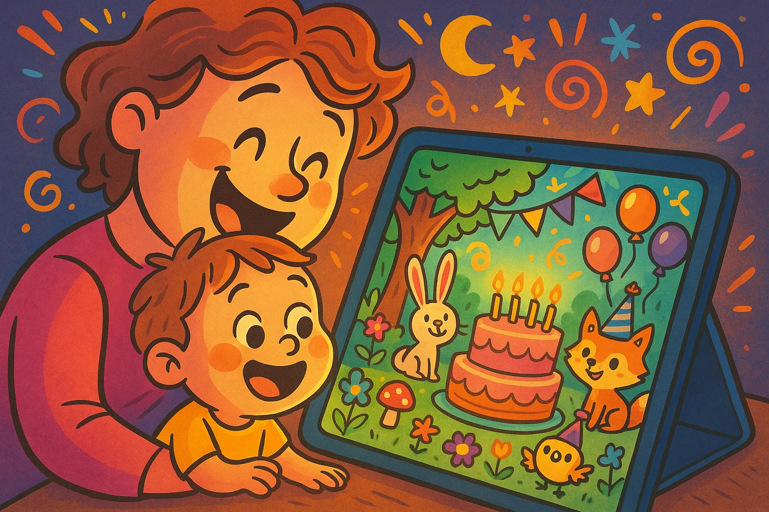 A parent and child get inspiration for a toddler's birthday party from a tablet, showing a magical forest theme.
