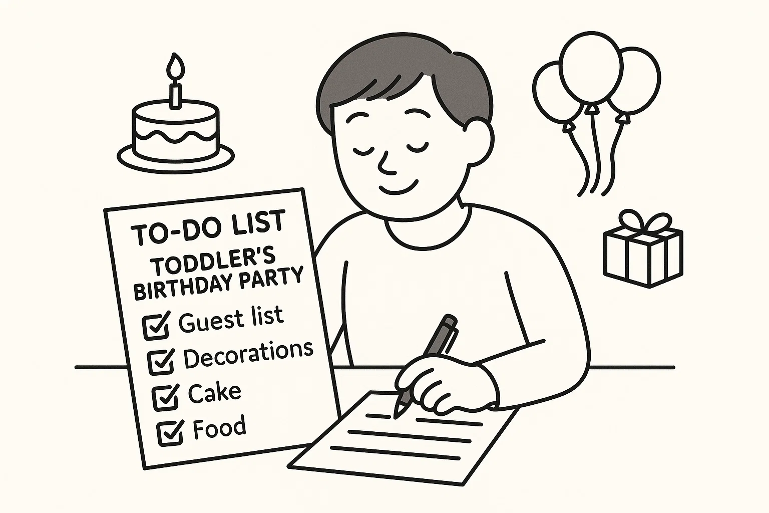 A parent joyfully checks off a party planning list for a toddler's birthday in a clean cartoon style.
