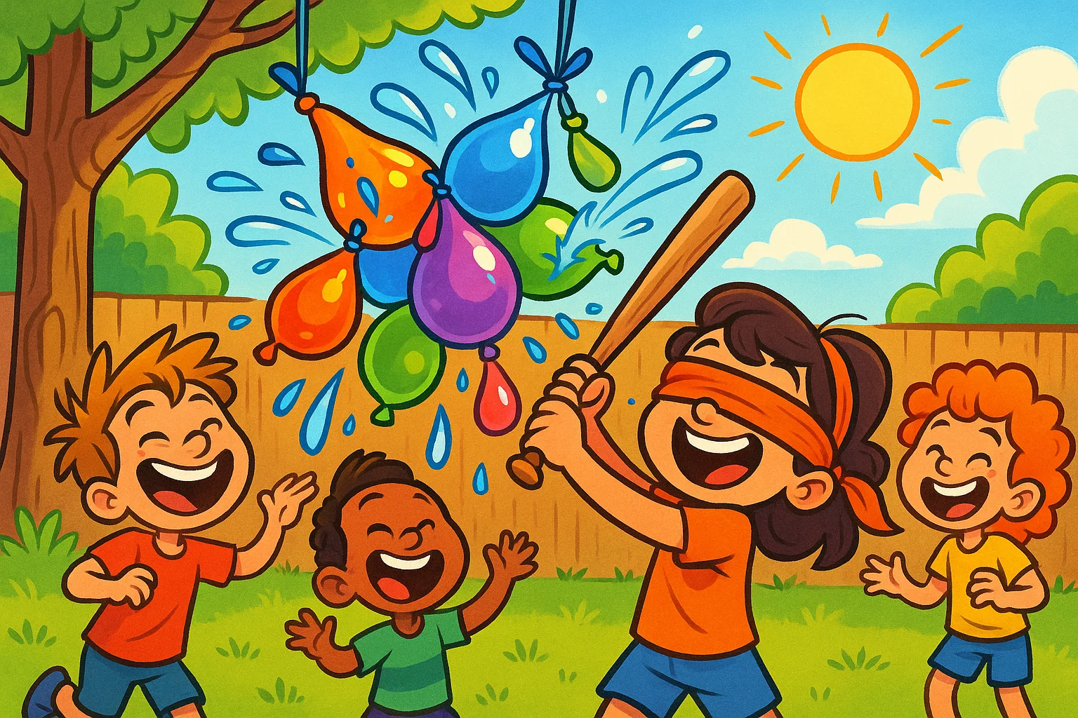 Cartoon illustration of kids happily playing water balloon piñata in a sunny backyard with bright colors and dynamic poses.