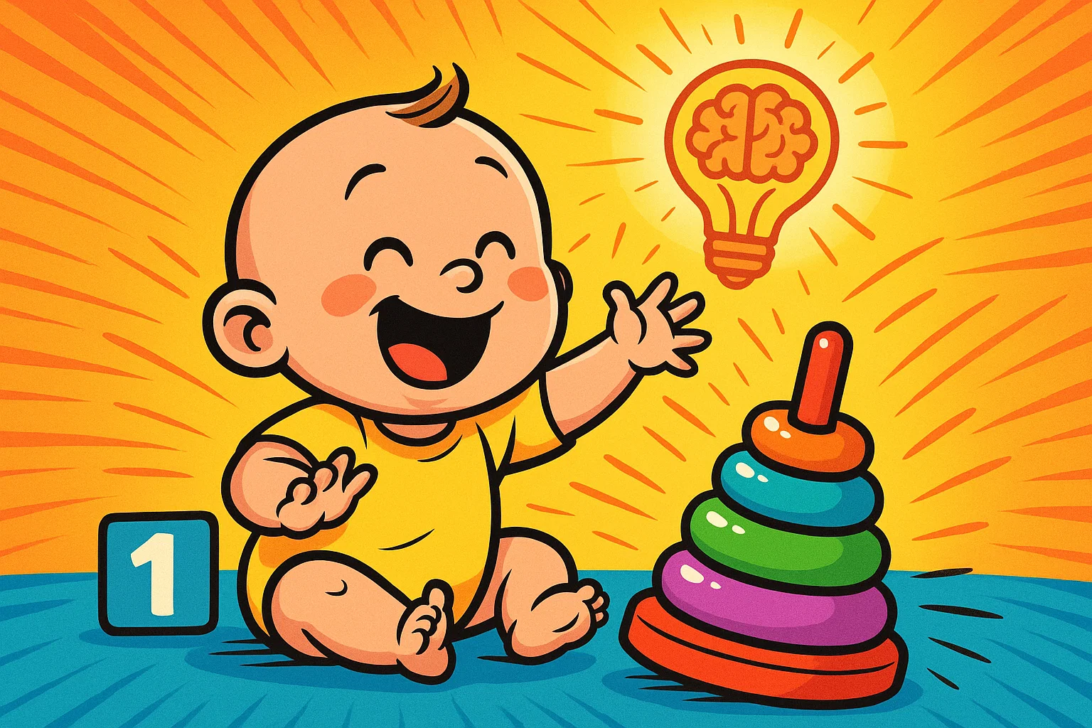 A playful cartoon of a baby engaging in a game, with comic-style lines and symbols representing brain development.
