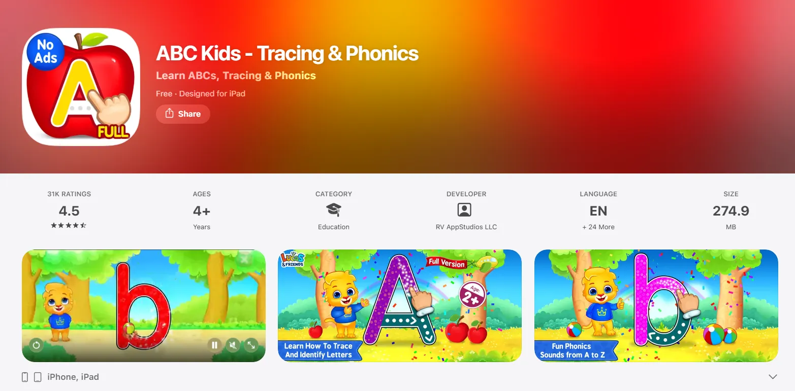 ABC Kids tracing phonics app screenshot showing letter learning activities.