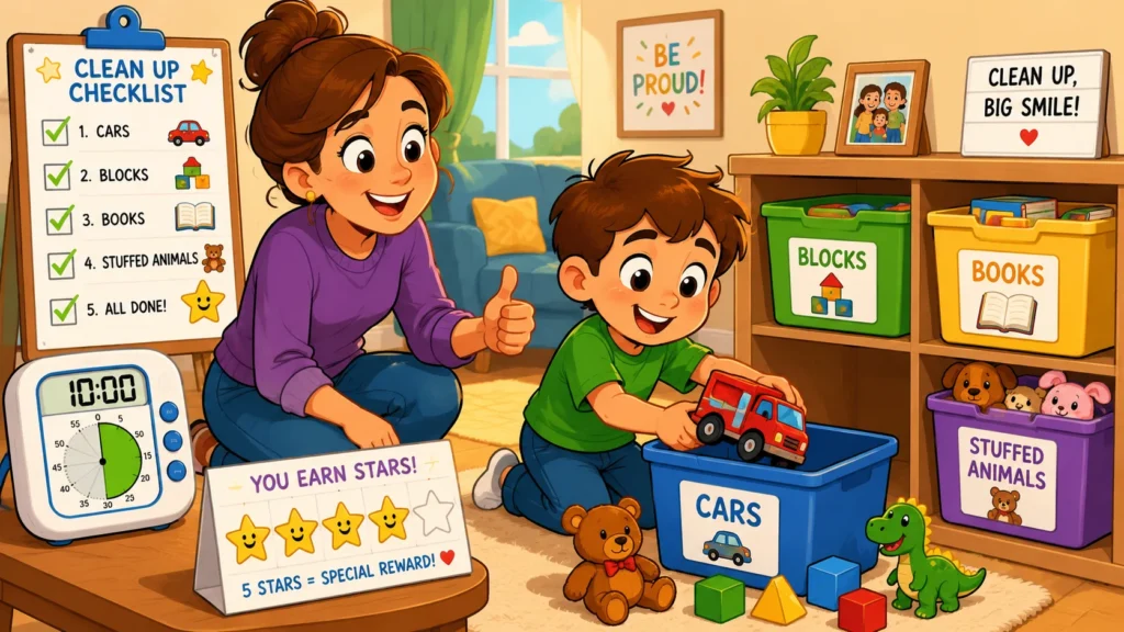 ADHD child using chore chart, timer, rewards, and labeled toy bins. 
