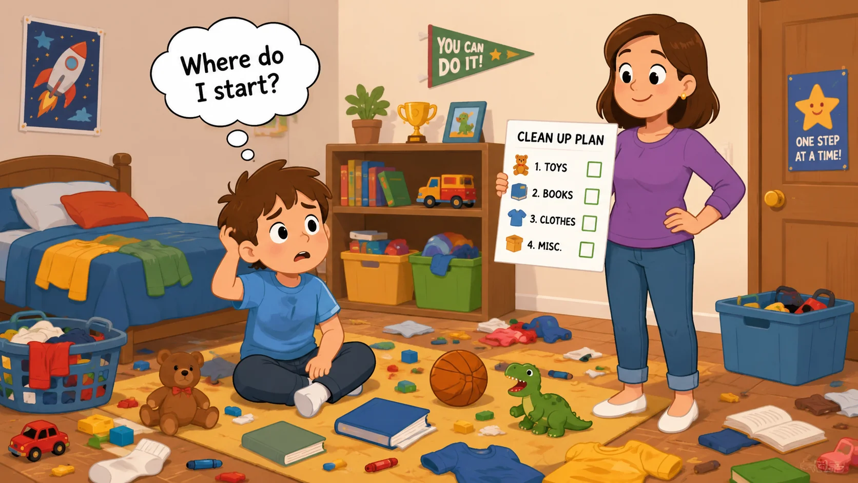 ADHD child in messy room with chore checklist and parent support. 

