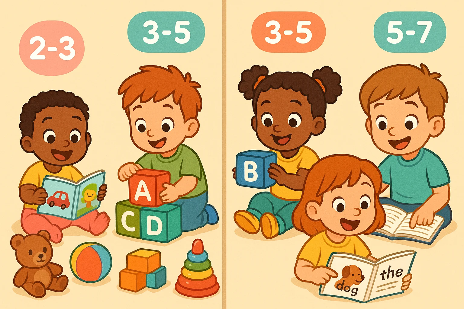 Children aged 2 to 7 reading books and playing with letter blocks in age-based learning groups.
