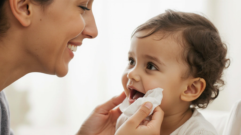 A close-up of a parent gently wiping a child's face with a wipe.