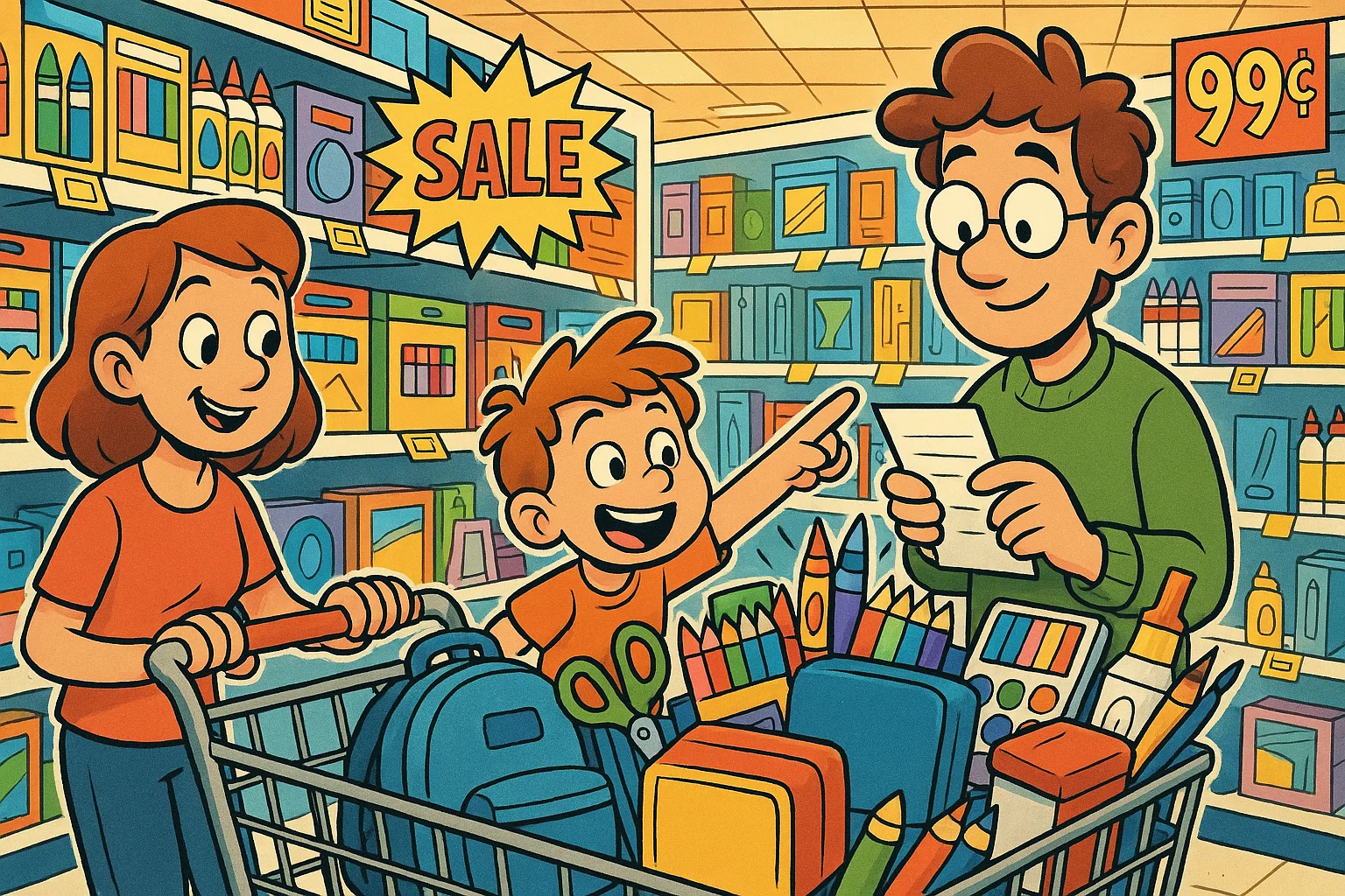 Family buying back-to-school supplies Family buying back-to-school supplies