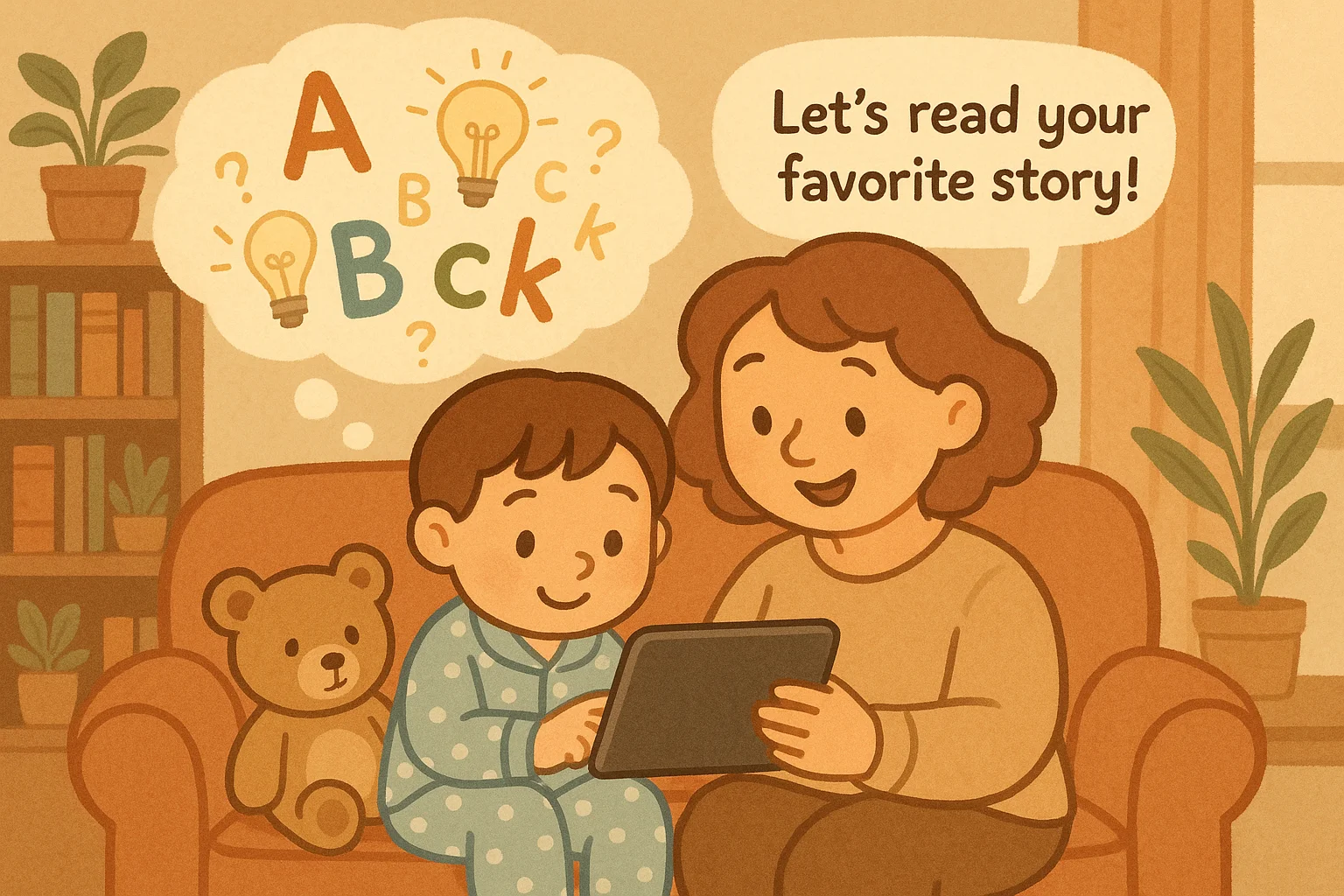 Parent reading bedtime story on tablet with curious child learning letters. Parent reading bedtime story on tablet with curious child learning letters.