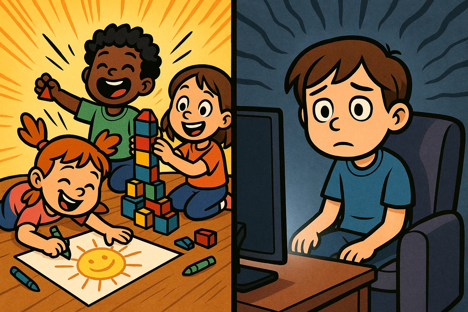 A cartoon showing the benefits of less screen time by contrasting a child playing imaginatively with one watching a screen. A cartoon showing the benefits of less screen time by contrasting a child playing imaginatively with one watching a screen.