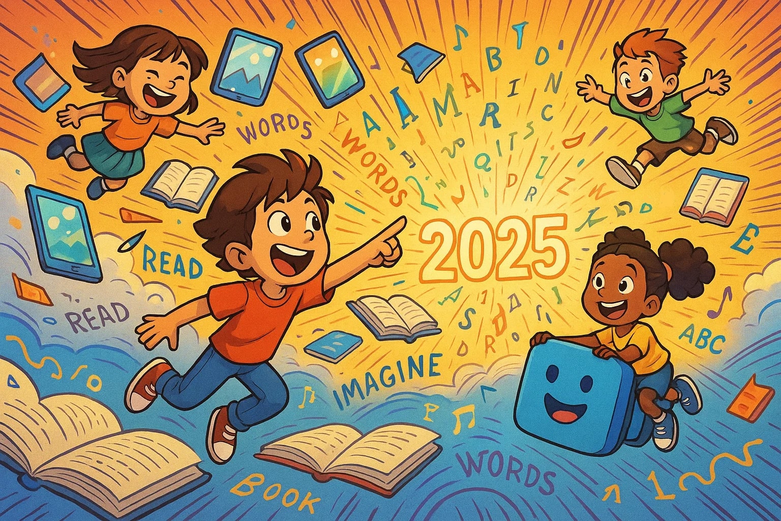 Cartoon children fly happily among tablets and books.