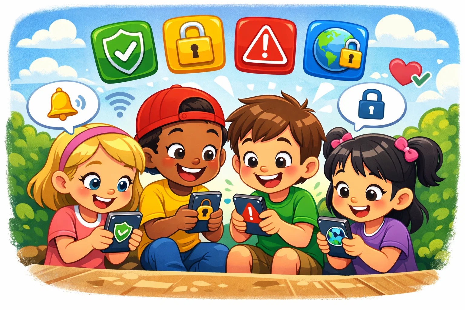 Kids using the best child safety apps on smartphones with protection icons in a fun cartoon style.