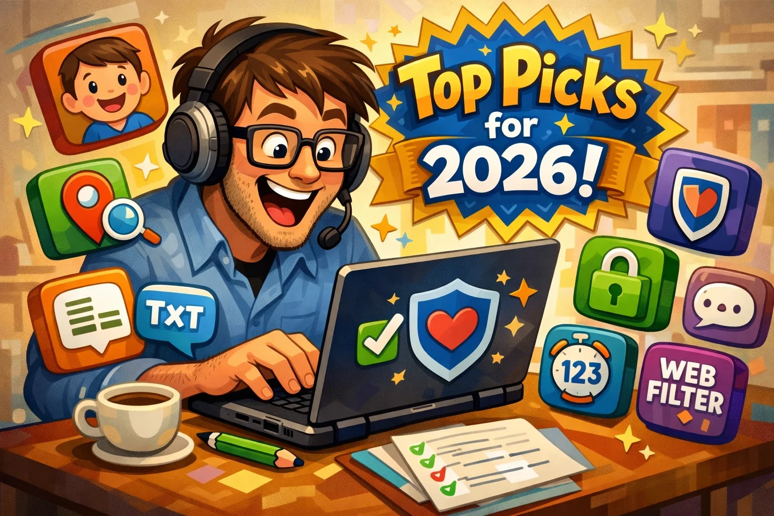 Best child safety apps expert testing with top picks for 2026 in a colorful cartoon scene.