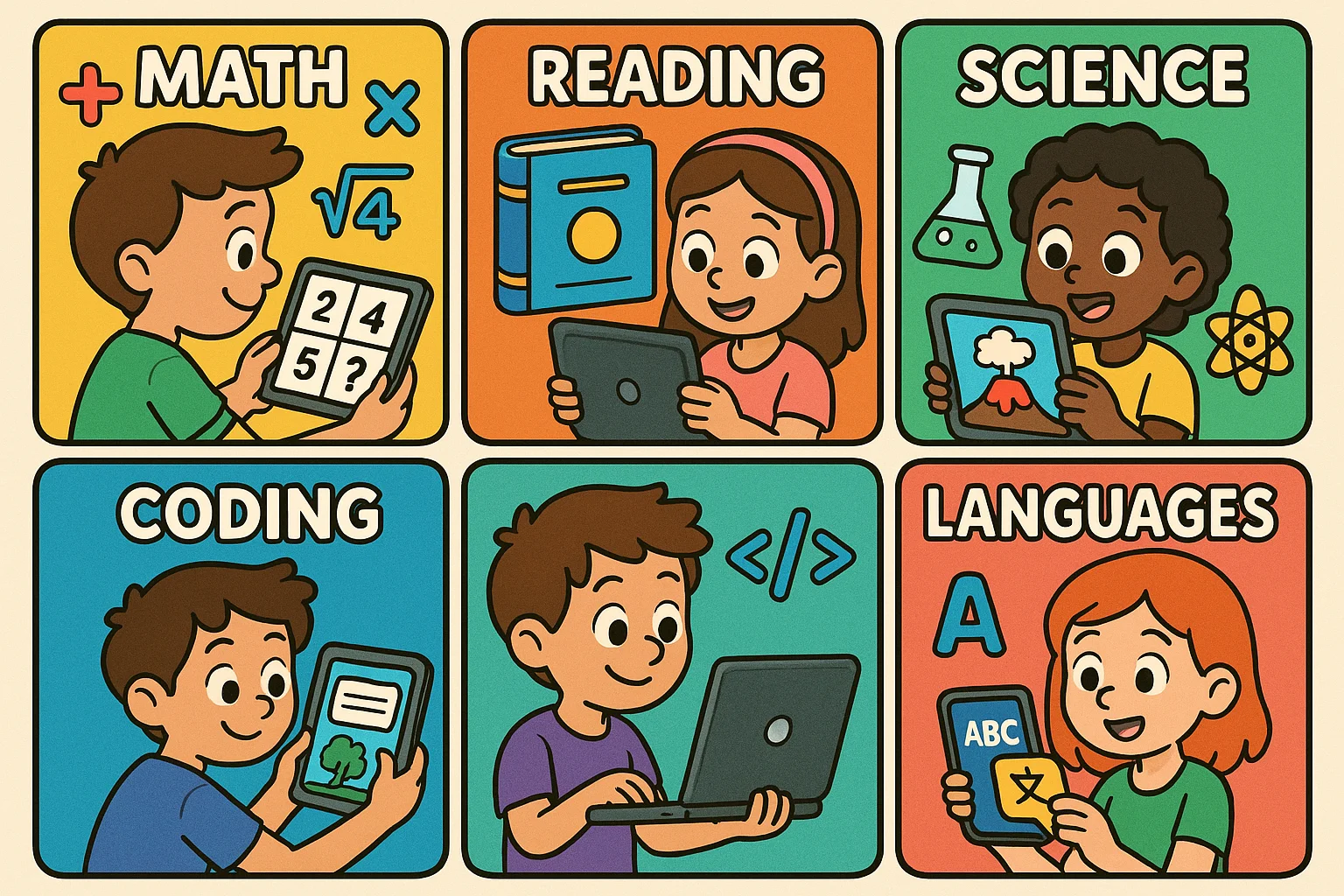 Kids learning with apps for math, reading, science, coding, and language skills. Kids learning with apps for math, reading, science, coding, and language skills.