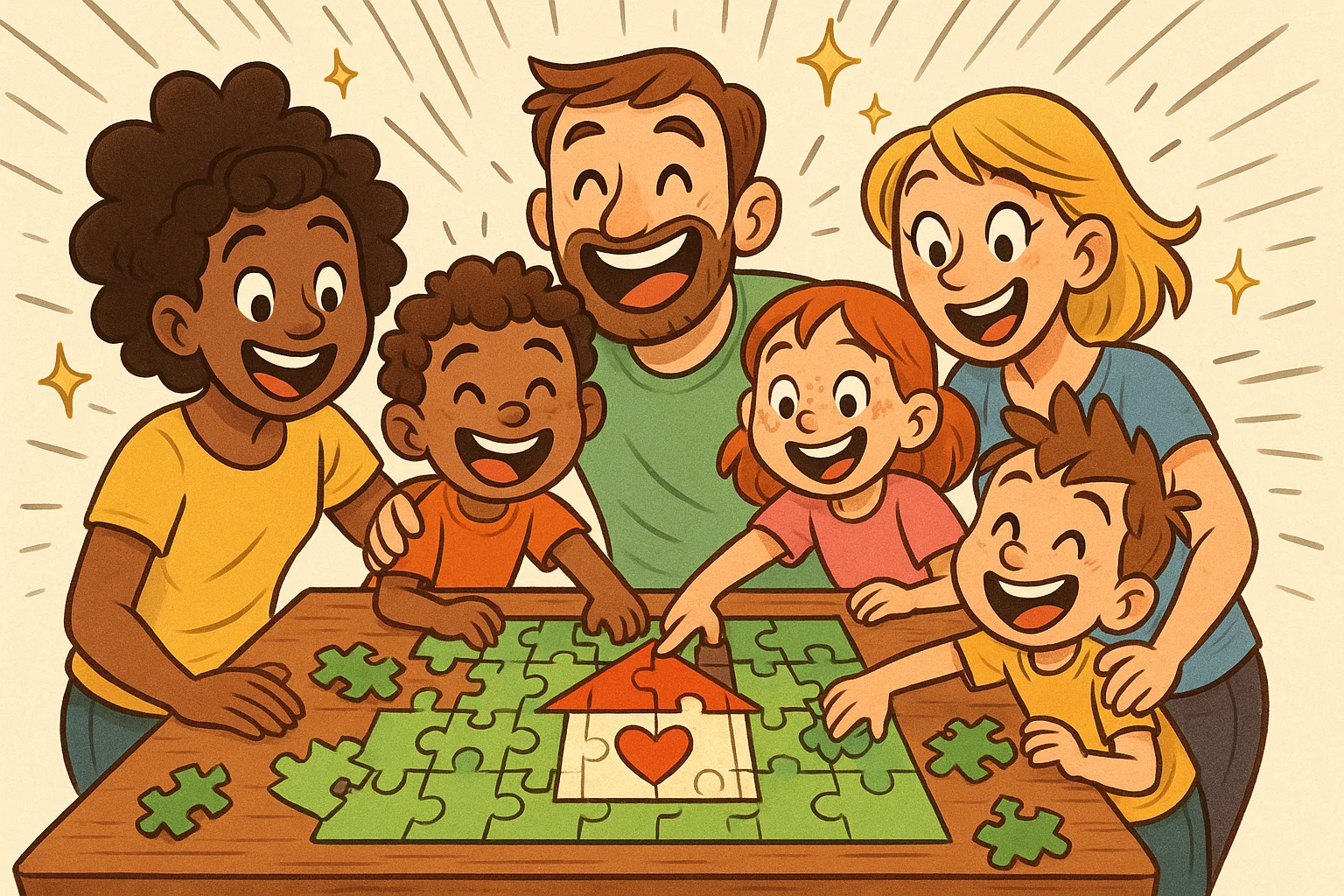 A cartoon blended family happily works on a puzzle together, representing collaboration and unity with exaggerated, joyful expressions. A cartoon blended family happily works on a puzzle together, representing collaboration and unity with exaggerated, joyful expressions.