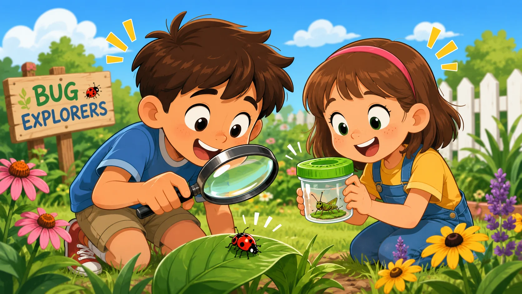 School kids using bug collecting set in sunny garden. 
