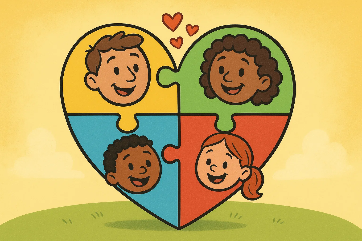 A cartoon of a blended family as colorful puzzle pieces fitting together to form a heart, symbolizing unity