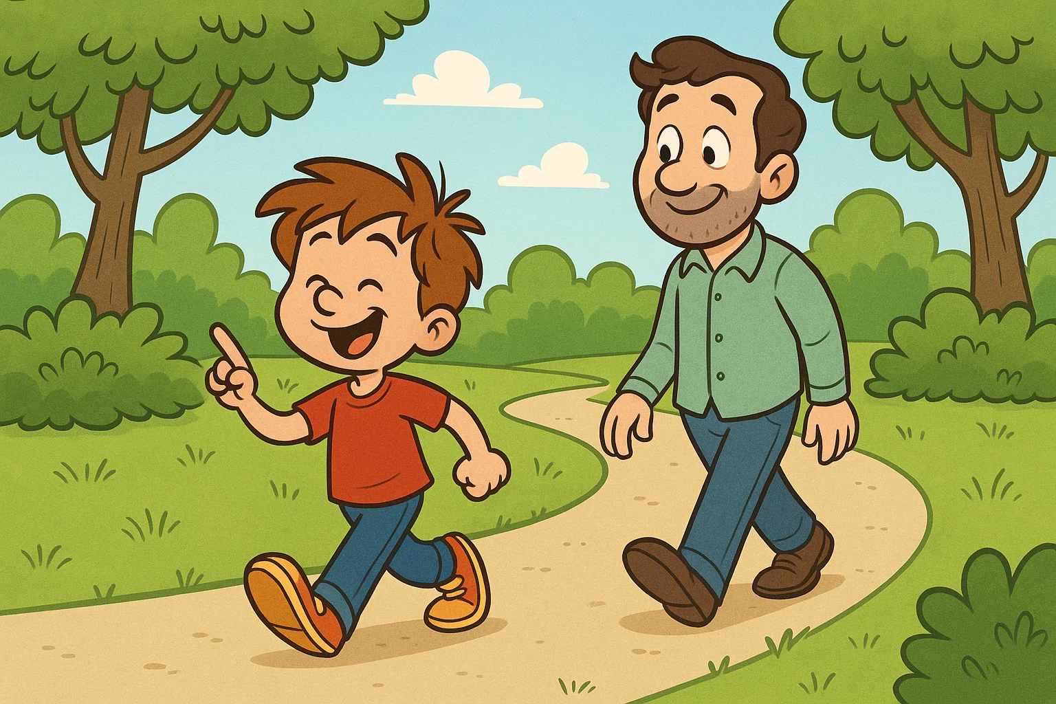 A cartoon stepparent patiently walking behind a child, allowing the child to set the pace in their relationship.
