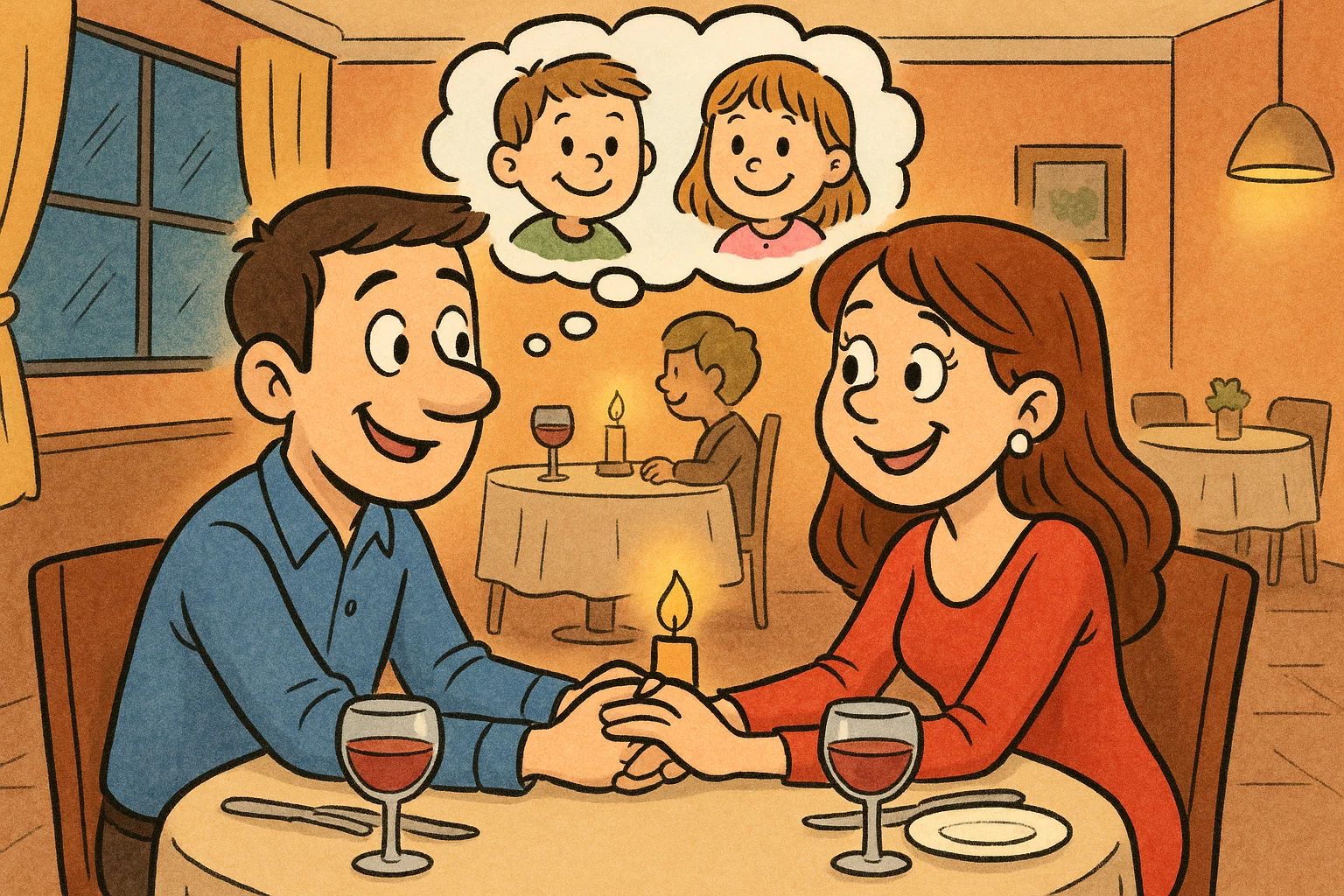 A cartoon couple on a date, focused on each other with a thought bubble of their children, representing a time-out.