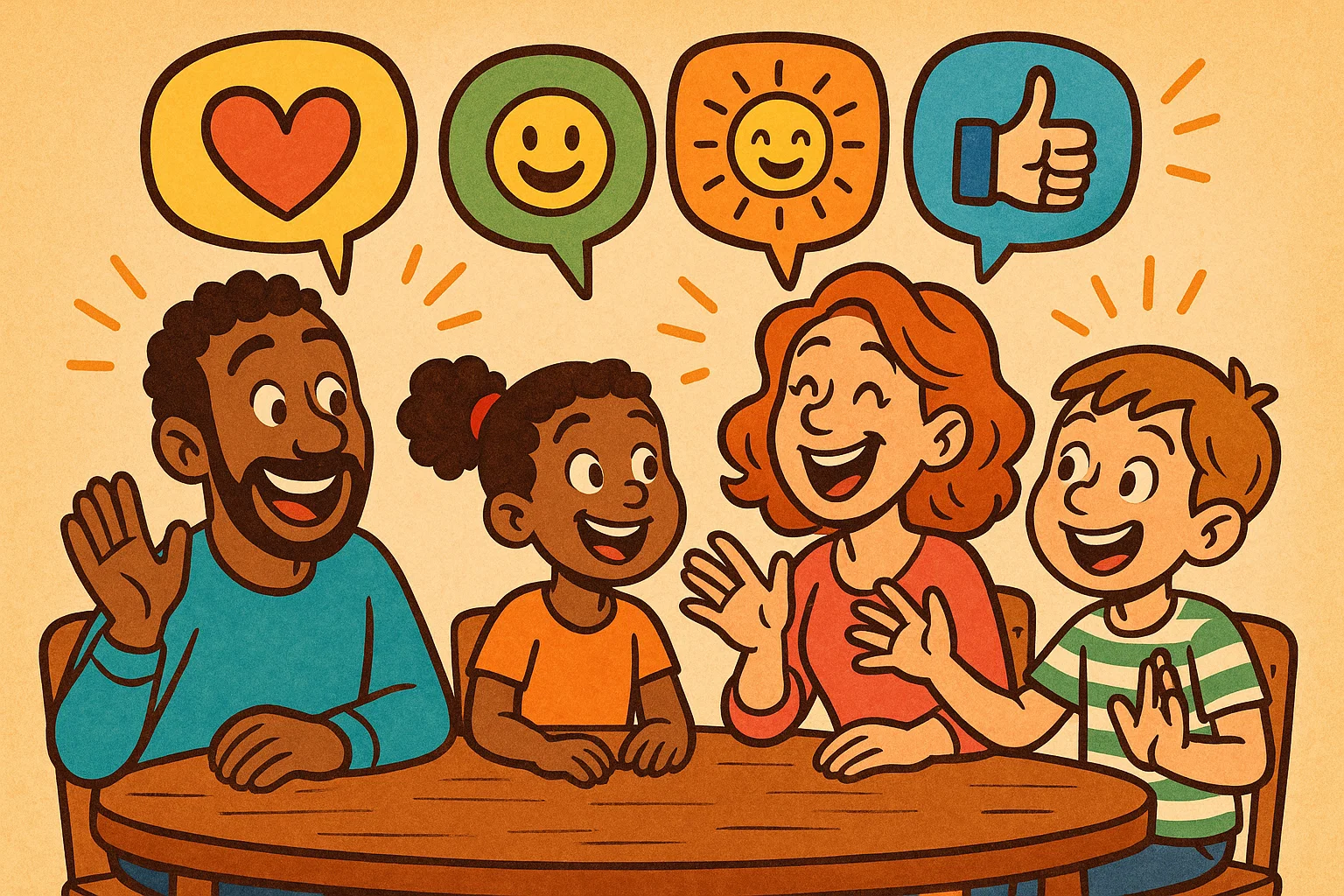 A cartoon family happily talking around a table with speech bubbles showing open and honest communication.