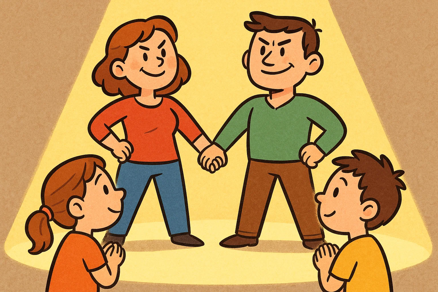 A cartoon of two parents standing together as a unified team, presenting a united front to their children.