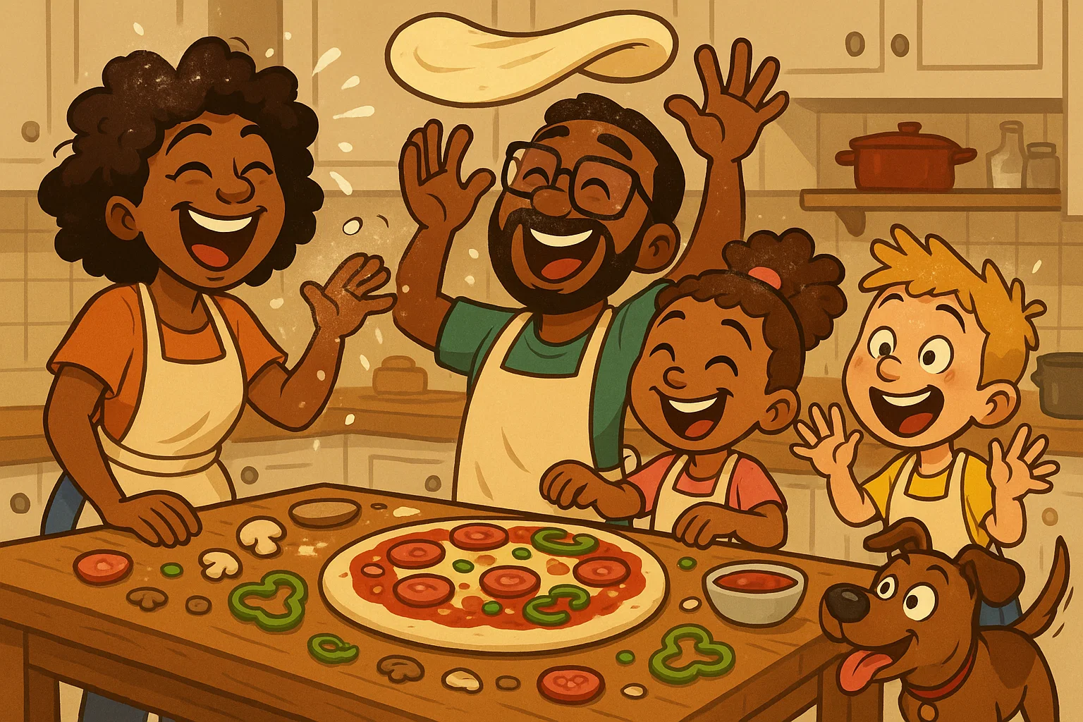 A cartoon family joyfully making pizza together, creating a new and fun family tradition in a chaotic kitchen