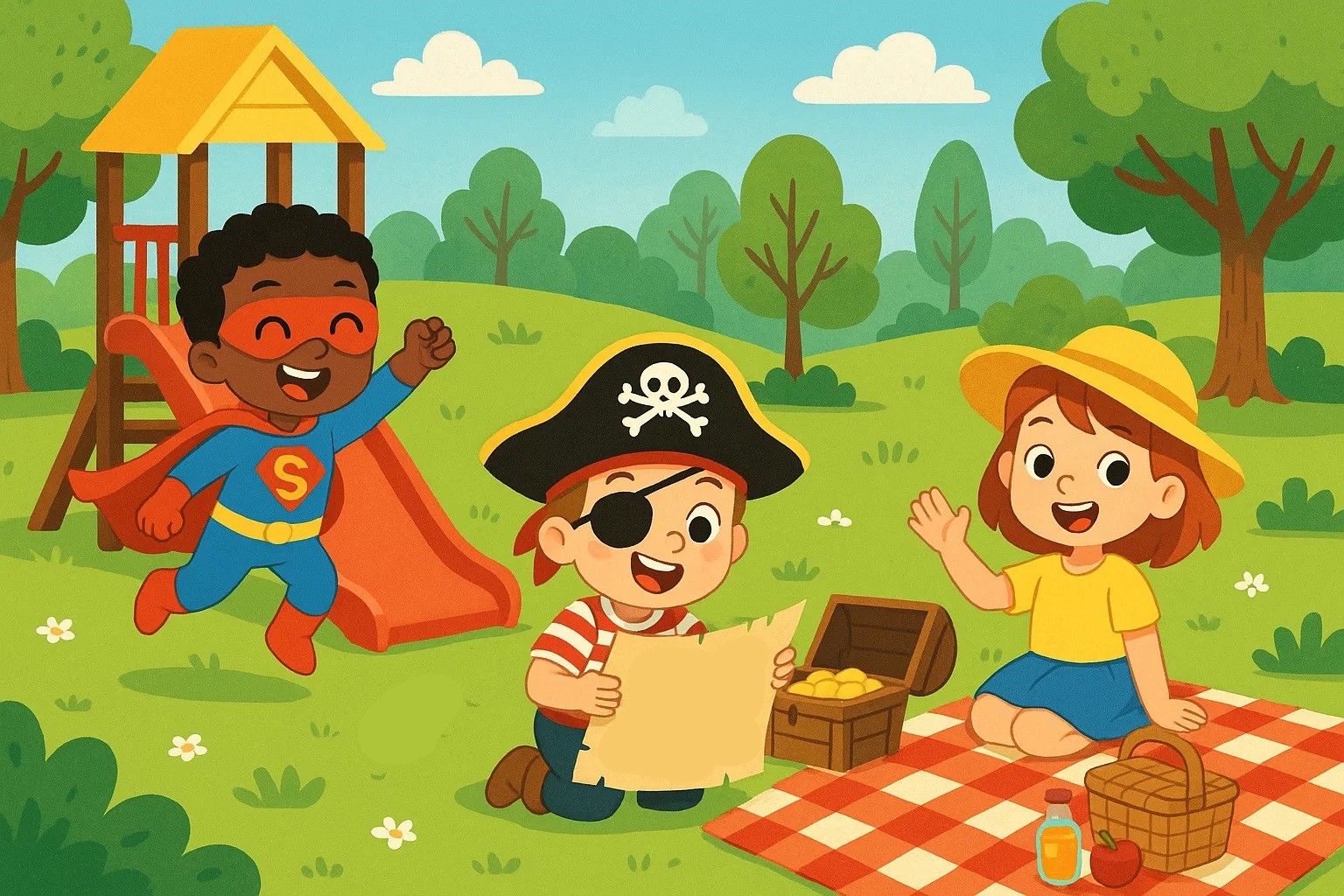 A cartoon showing kids at a park in different party costumes, representing various themed party ideas. A cartoon showing kids at a park in different party costumes, representing various themed party ideas.