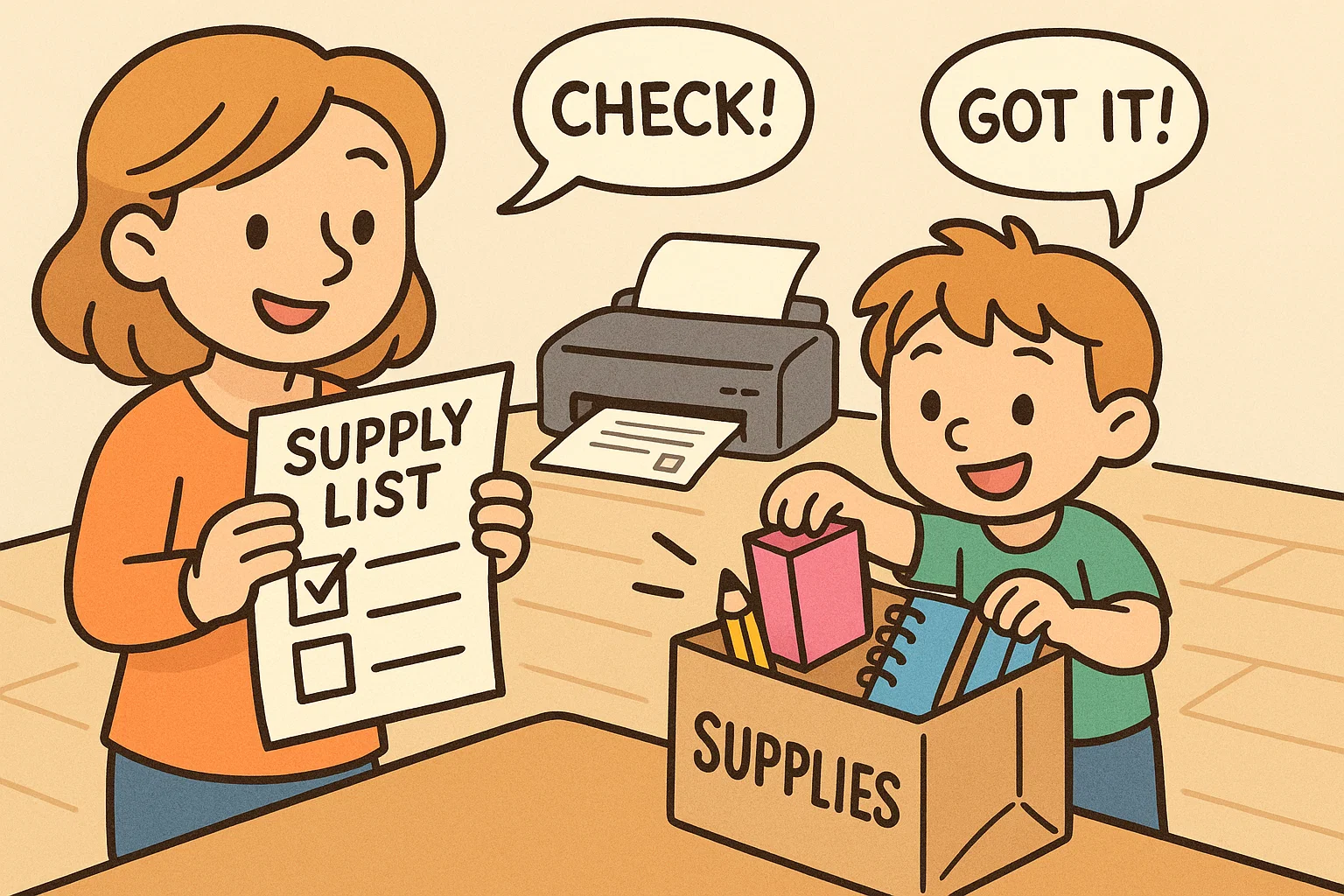 Parent and child checking preschool supply list and packing items into a supplies box