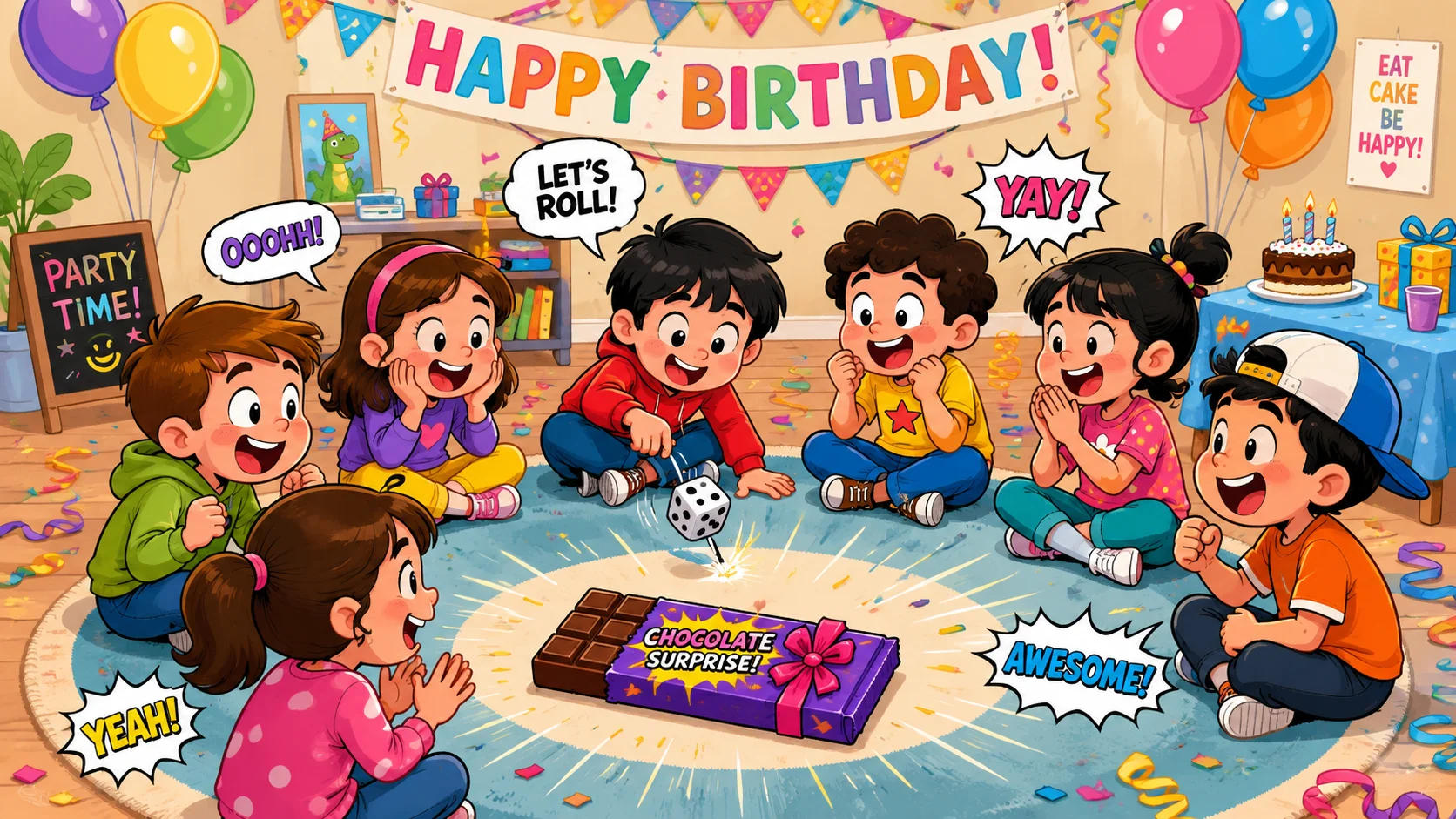 Chocolate game at girls birthday party with kids rolling dice.