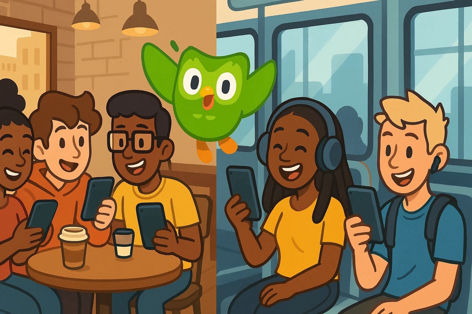 Cartoon showing teens and young adults using Duolingo in various everyday settings. Cartoon showing teens and young adults using Duolingo in various everyday settings.