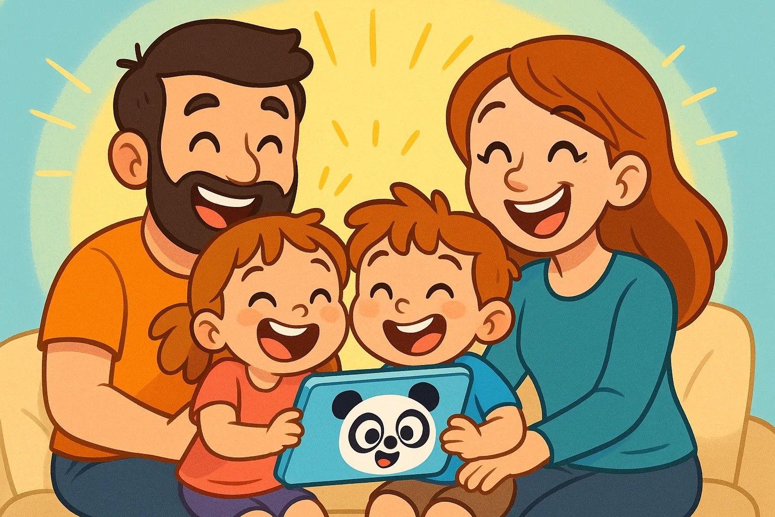 Cheerful cartoon of a family with young children using the Lingokids app together. Cheerful cartoon of a family with young children using the Lingokids app together.