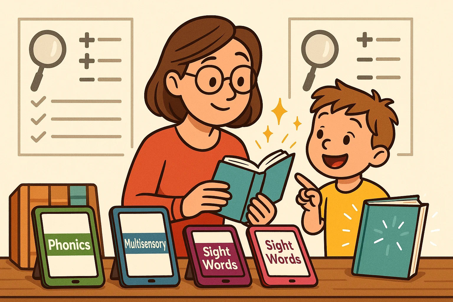 Parent and child reviewing reading programs like phonics and sight words with checklists behind. Parent and child reviewing reading programs like phonics and sight words with checklists behind.