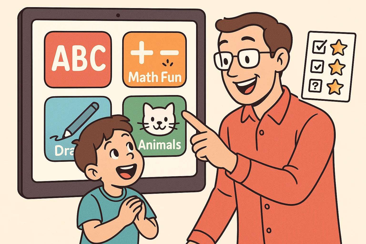 Parent helping child choose the right fun and educational kids app on a tablet. Parent helping child choose the right fun and educational kids app on a tablet.