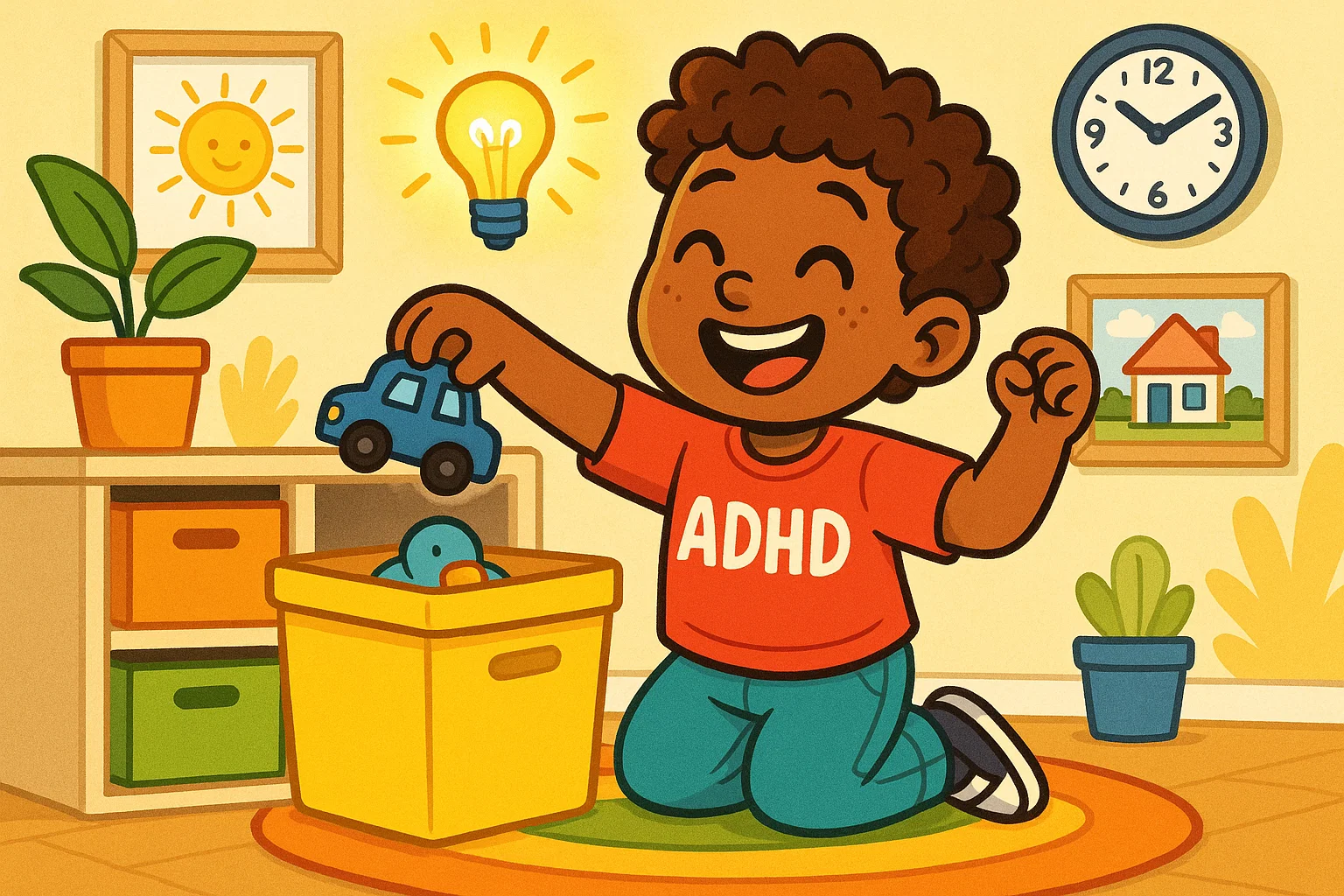 cartoon child happily doing chore, organized space, lightbulb moment. supports adhd chore strategies cartoon child happily doing chore, organized space, lightbulb moment. supports adhd chore strategies