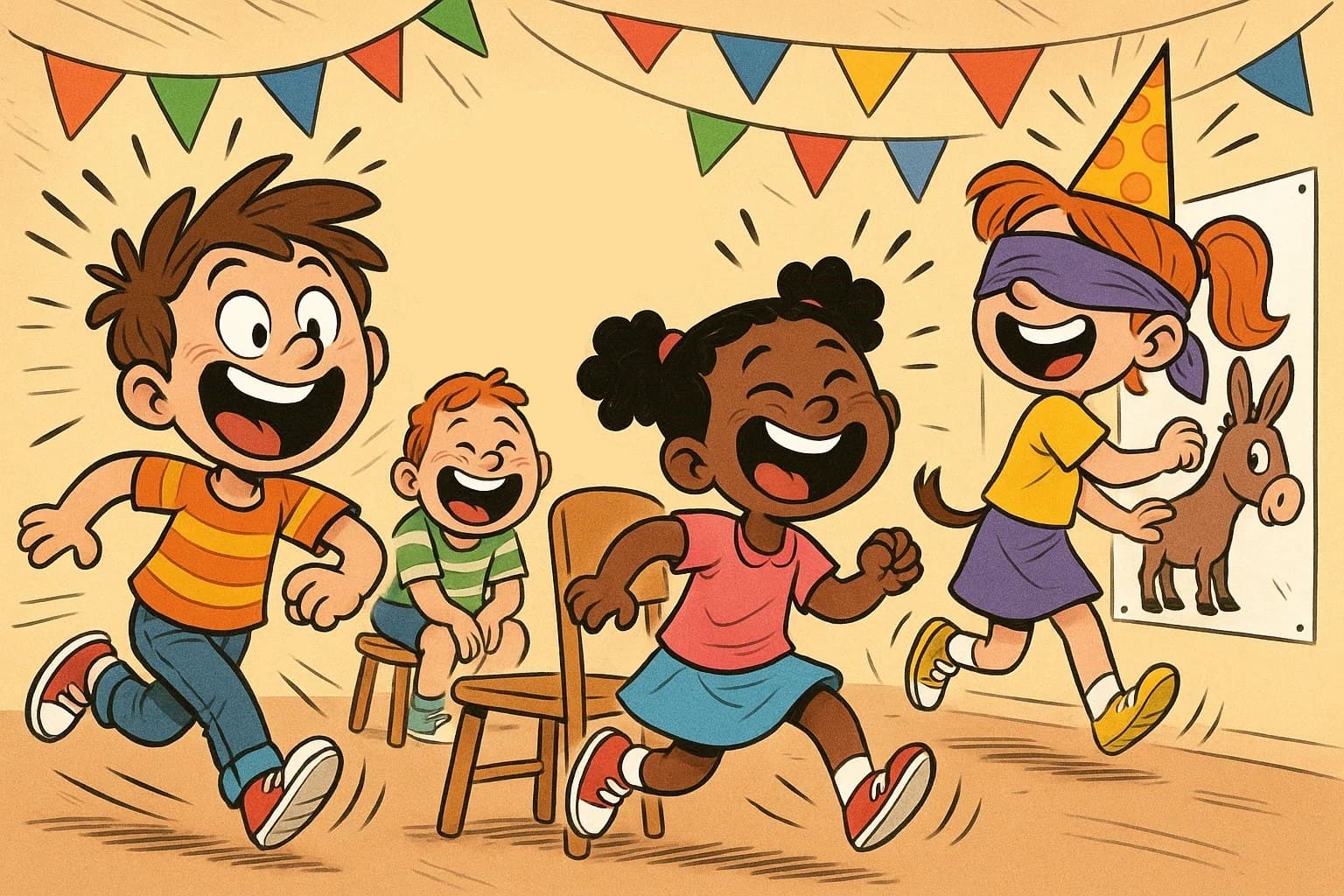 A cartoon illustration of children playing classic birthday party games indoors with lots of energy and laughter. A cartoon illustration of children playing classic birthday party games indoors with lots of energy and laughter.
