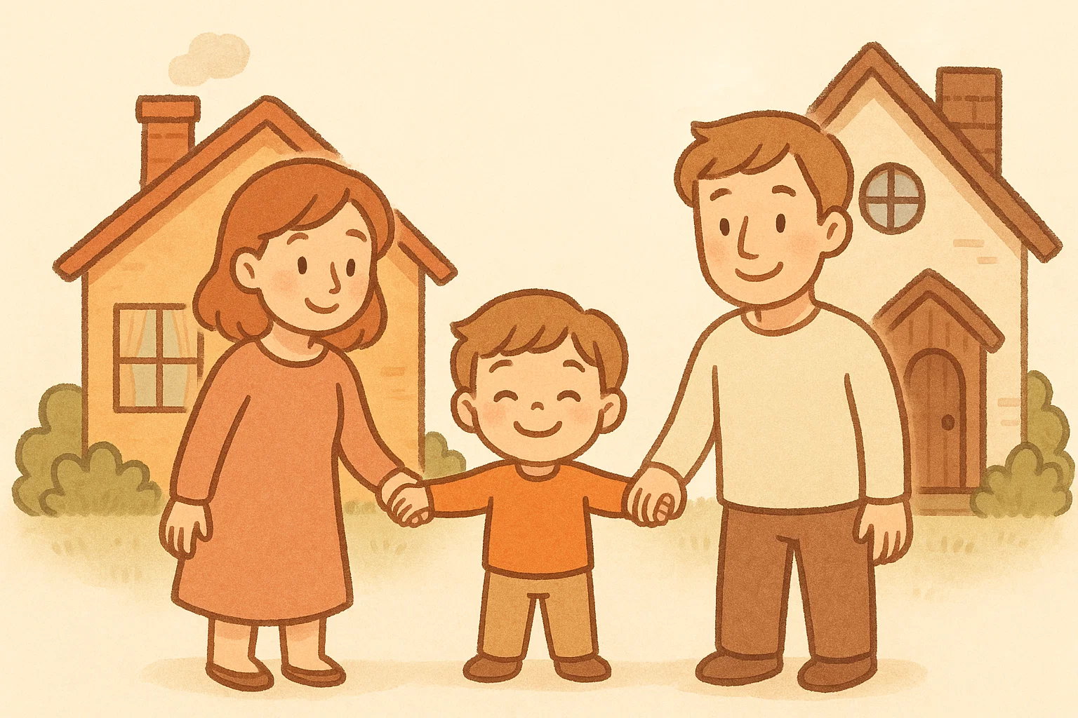 Co-parenting mom and dad with smiling child between two homes.