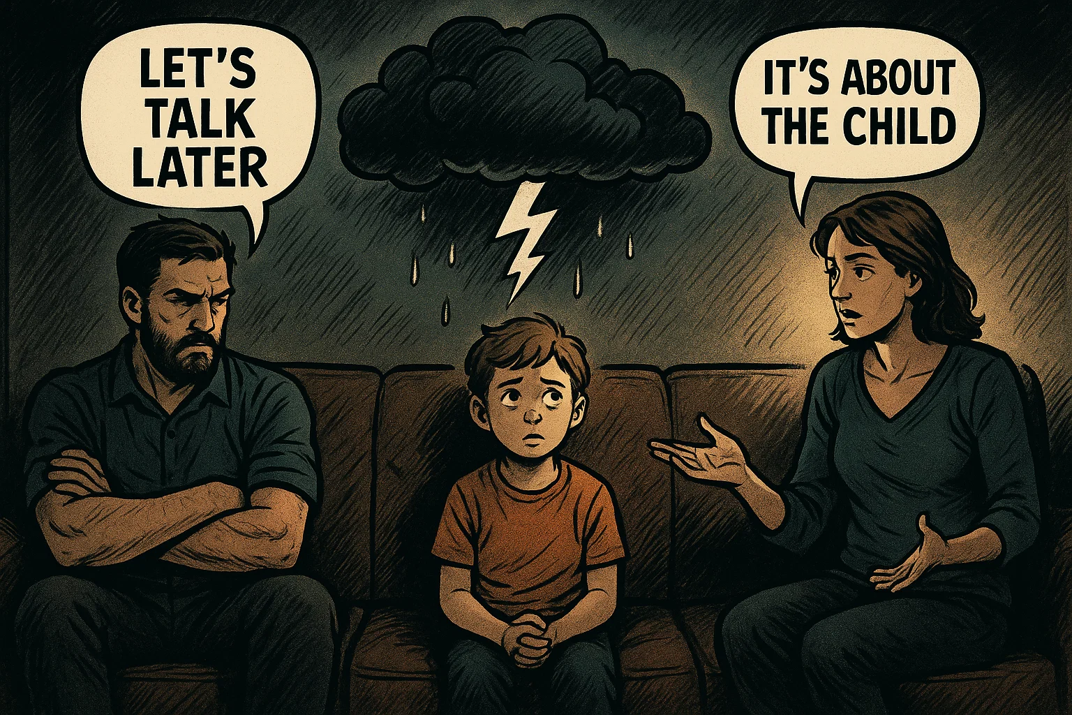 Co-parenting conflict with upset child caught between arguing parents.