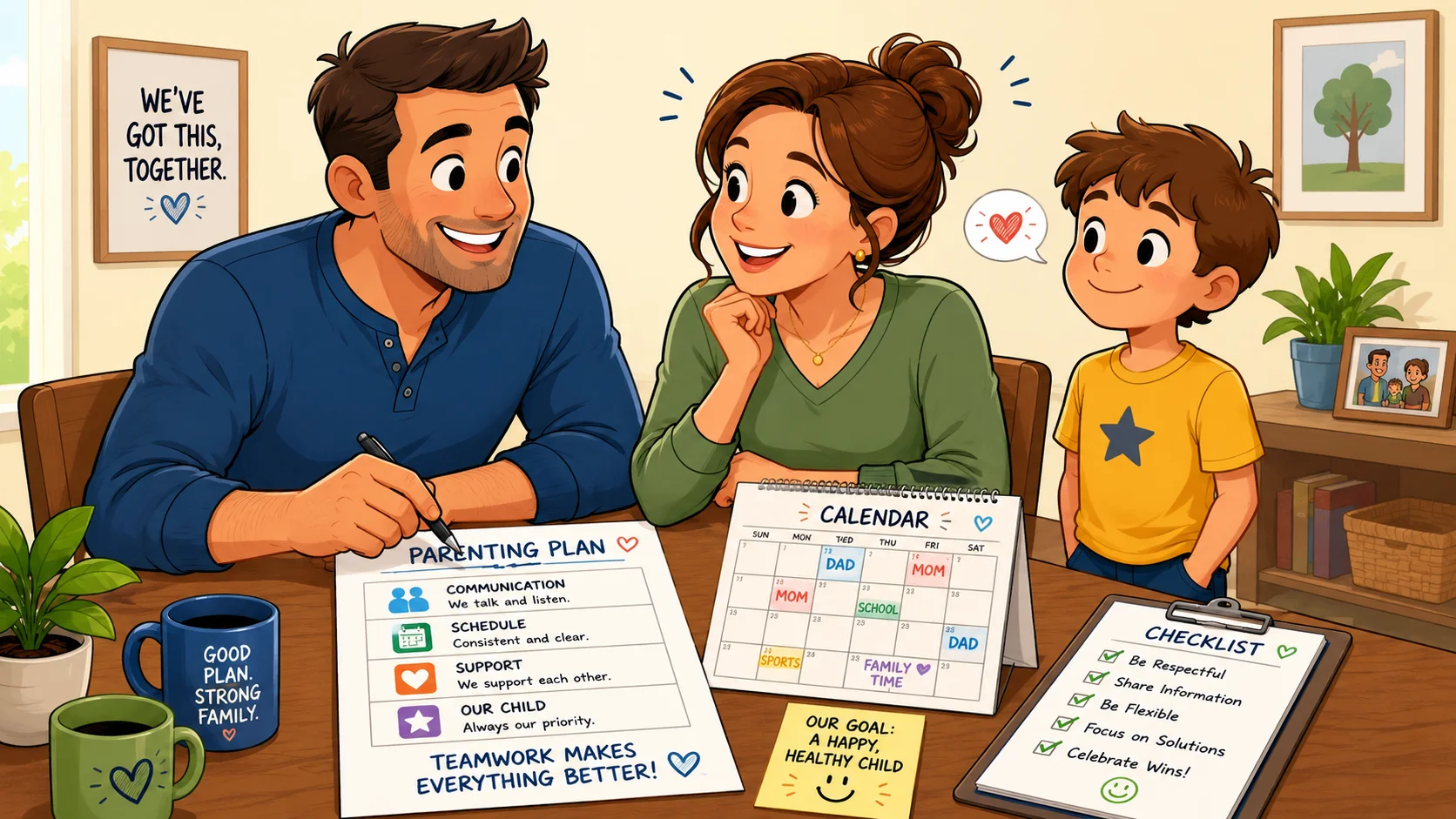 Co parenting dad and mom create a parenting plan with their happy child.