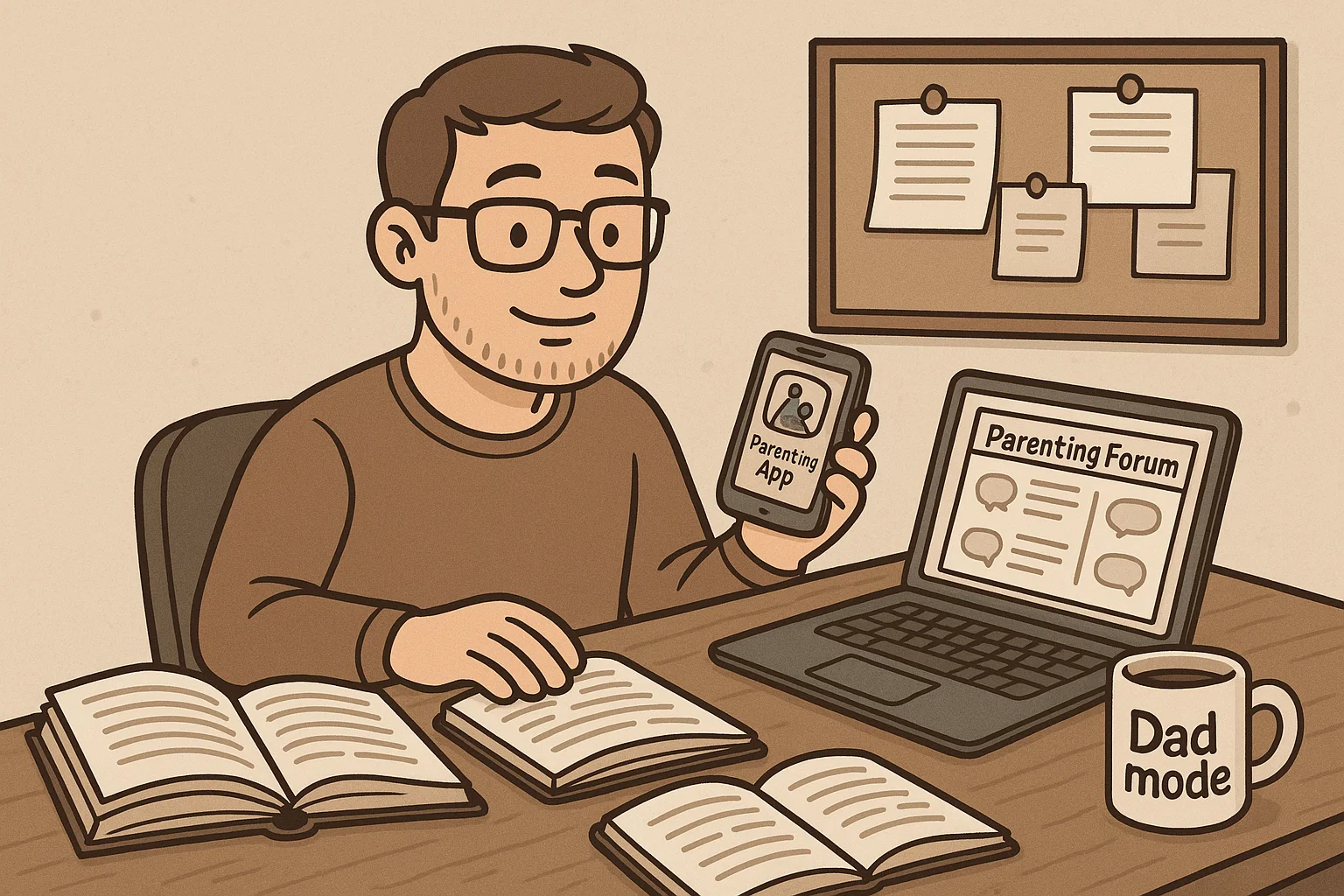 Co-parenting dad using parenting app and online forum while studying at desk.