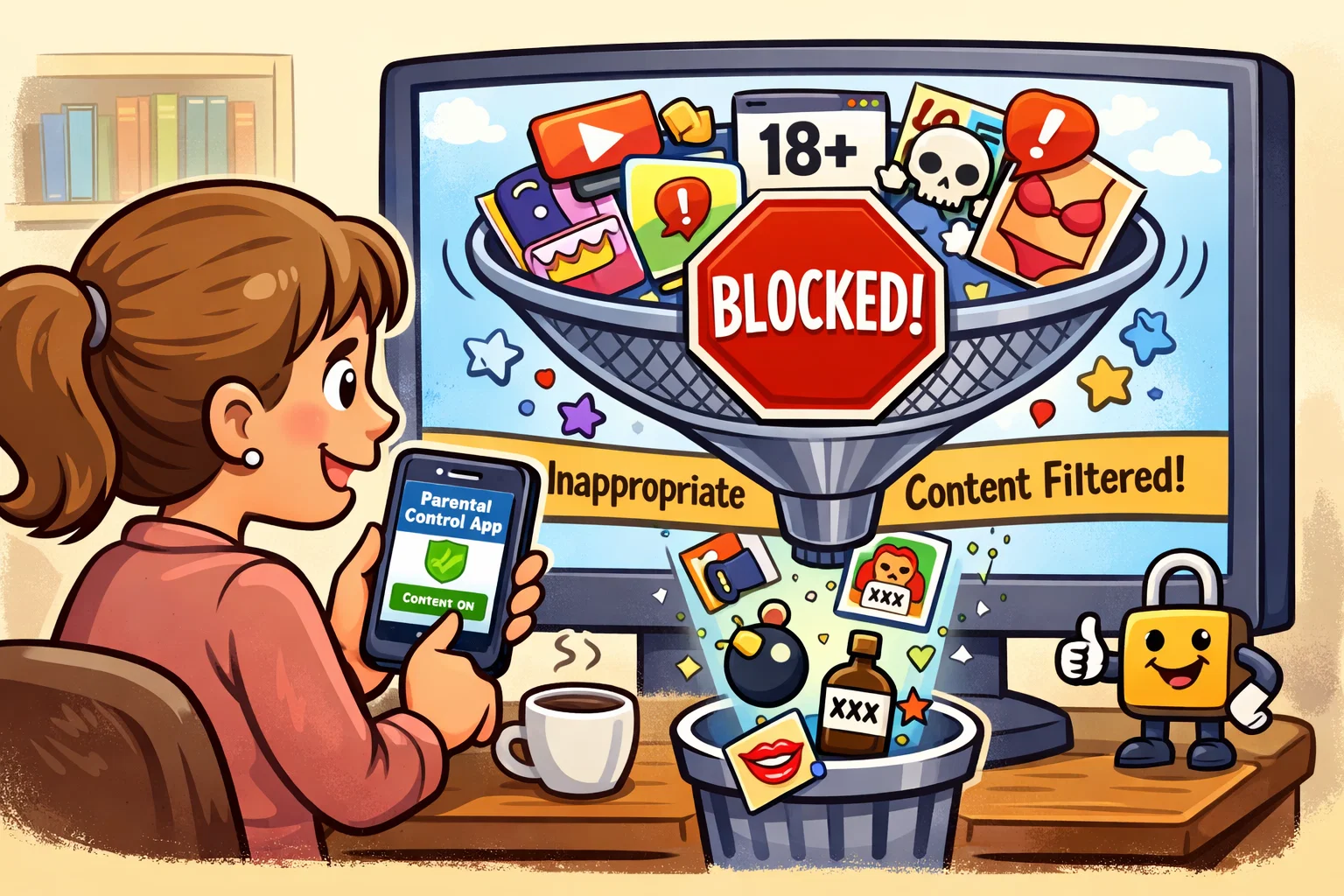  Content filtering through child safety apps on a tablet, blocking inappropriate material in a cartoon scene.
