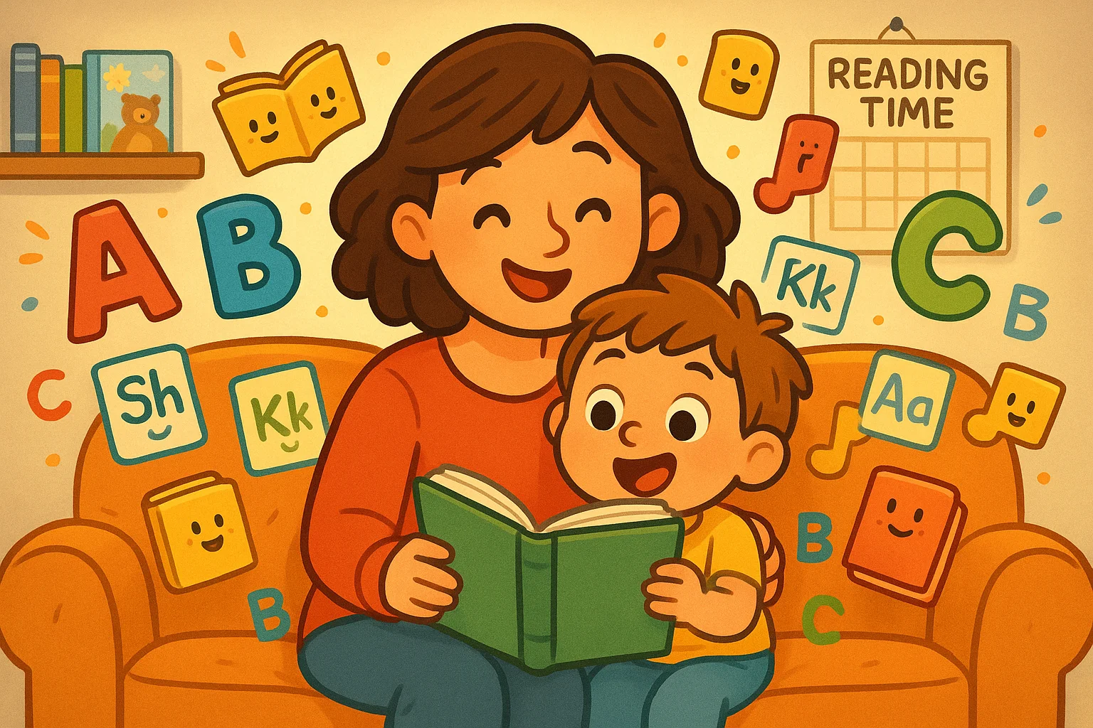 Parent and child reading book on couch with colorful ABC letters and phonics cards around Parent and child reading book on couch with colorful ABC letters and phonics cards around
