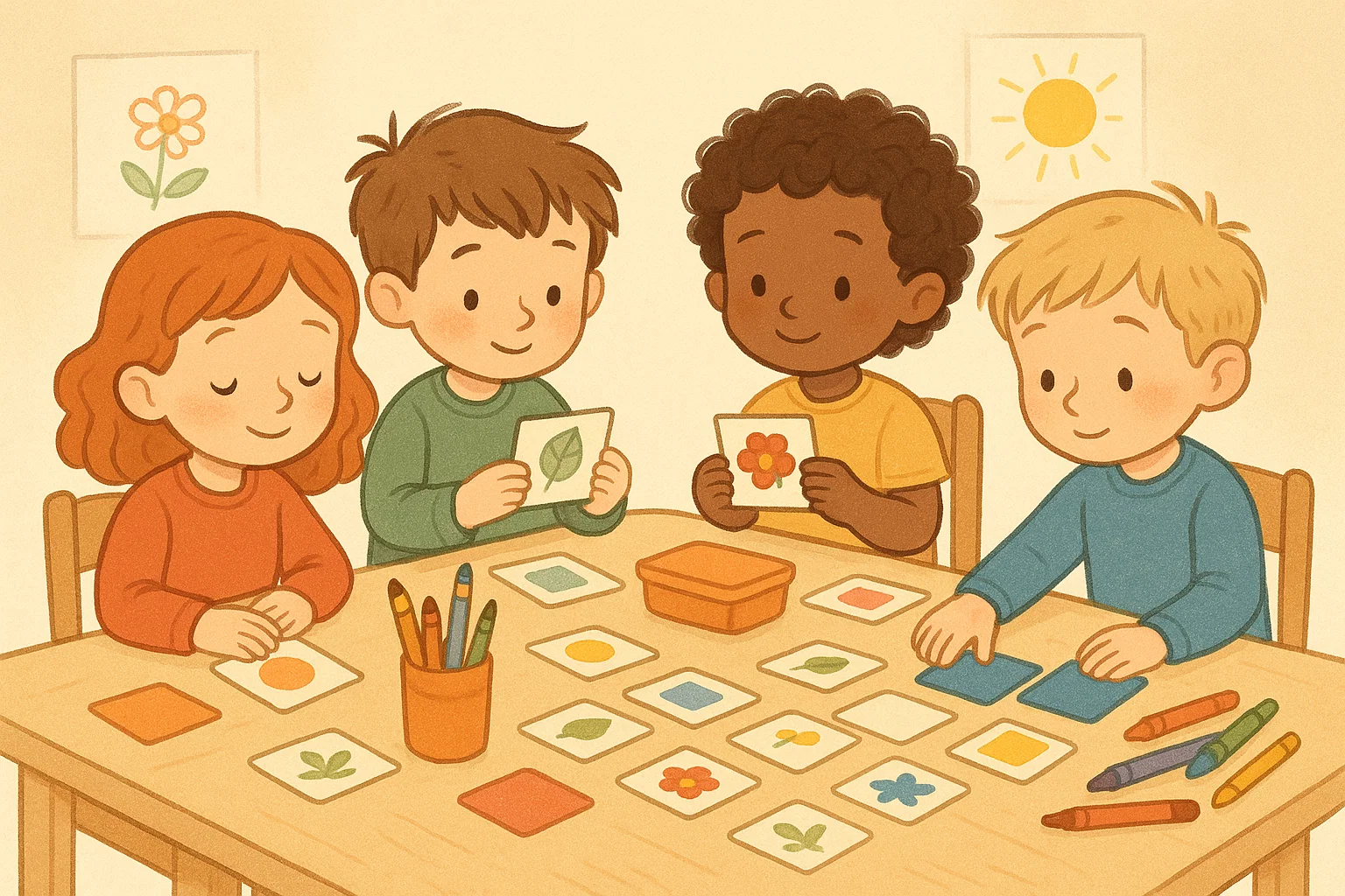A cartoon of children at a table doing a creative activity or a quiet, low-prep game. A cartoon of children at a table doing a creative activity or a quiet, low-prep game.
