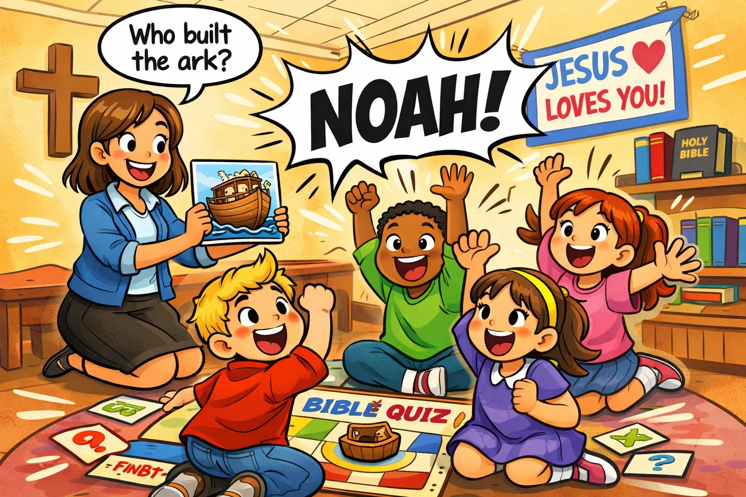 Creative Sunday school games with kids playing a Bible quiz in class.