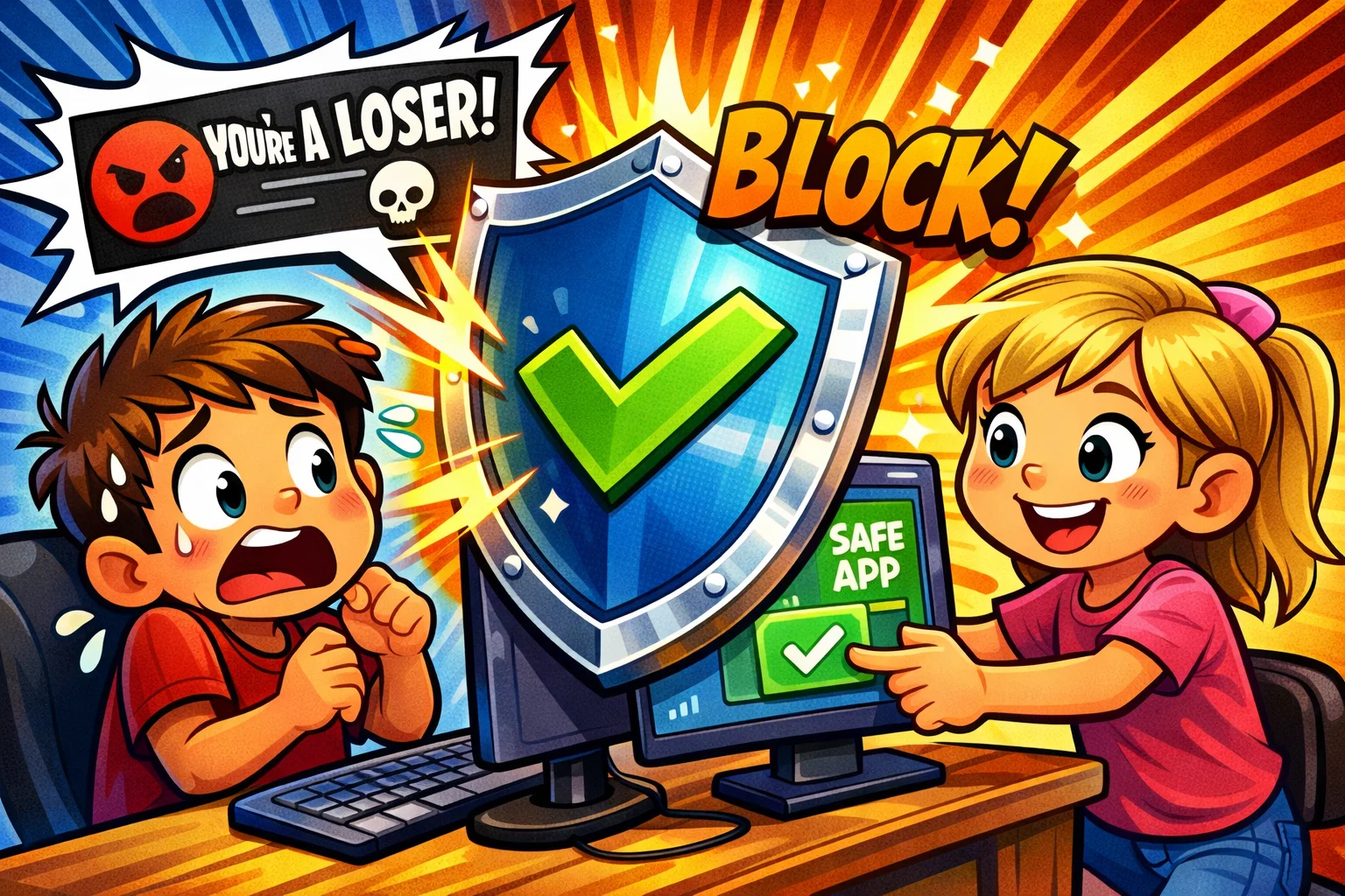 Cyberbullying prevention with a child using a safety app to block harmful messages in a cartoon image.
