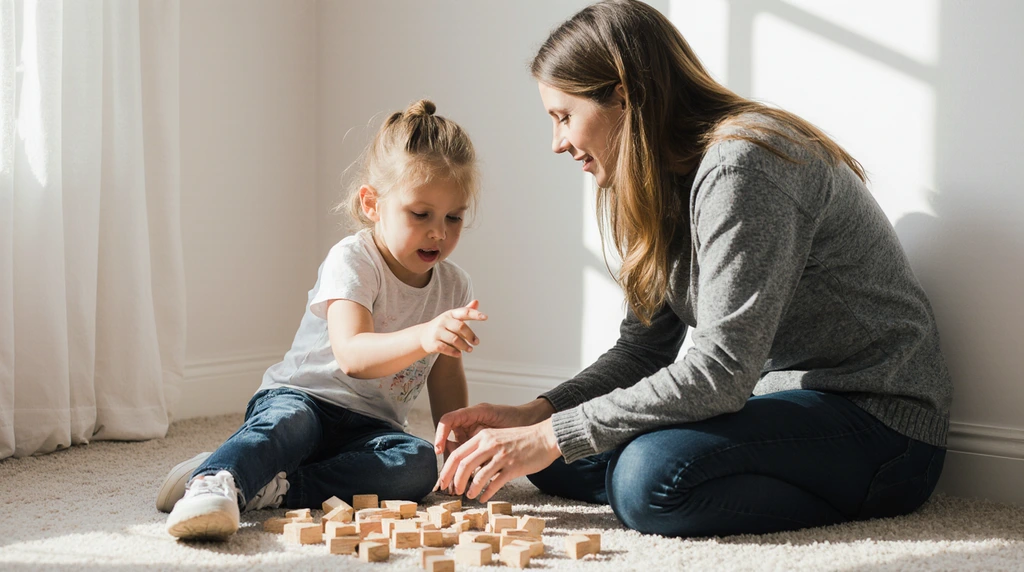 A realistic photo of a parent calmly talking to a child about a broken toy, showing guidance. A realistic photo of a parent calmly talking to a child about a broken toy, showing guidance.