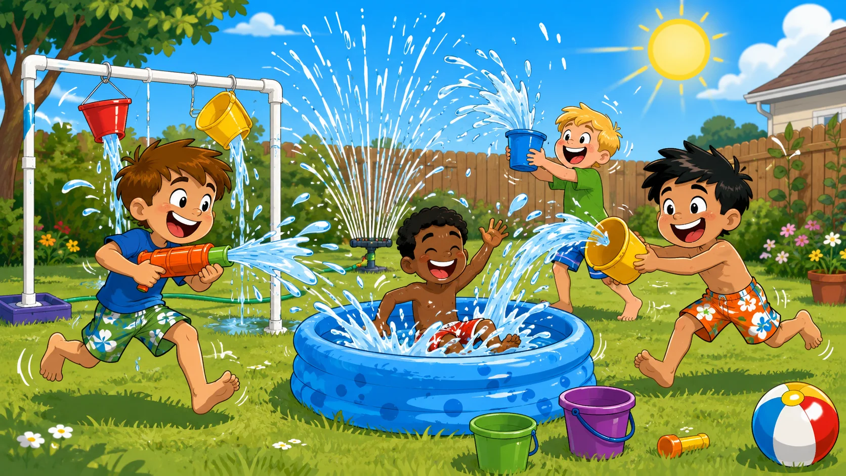 DIY splash park for boys age 7–9 with sprinkler, pool, buckets, and water toys.