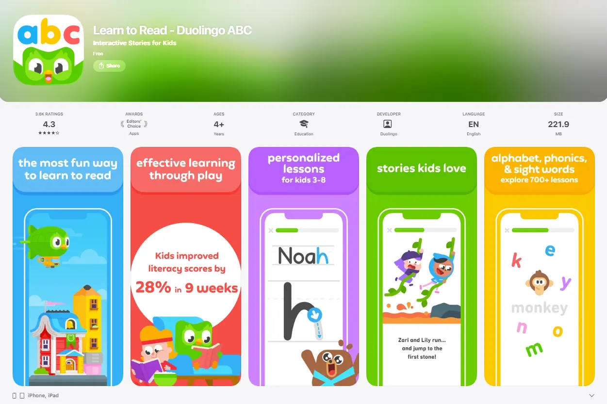 Duolingo ABC literacy app with interactive reading and writing.