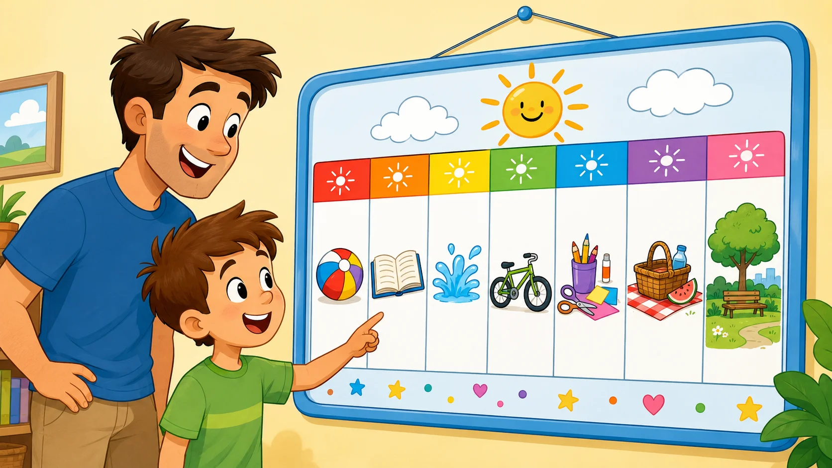 Easy weekly summer planner for boys age 7–9 with school holiday activity icons. 
