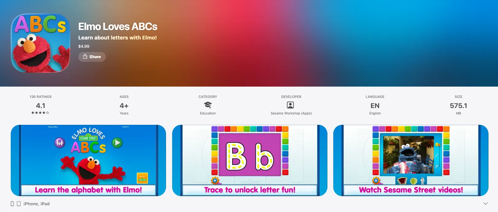 Elmo Loves ABCs app screenshot showing fun alphabet learning for kids.